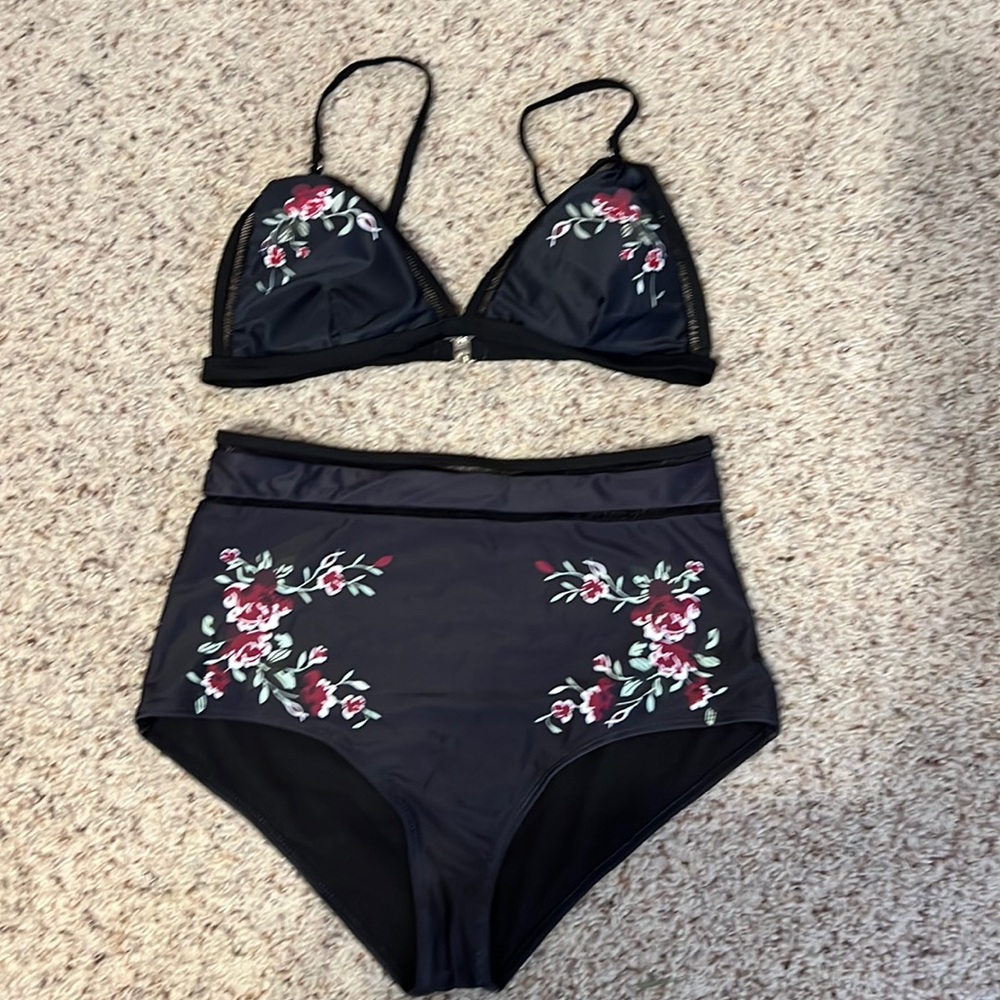 bathing suit, black with pink/maroon flower details, new never worn